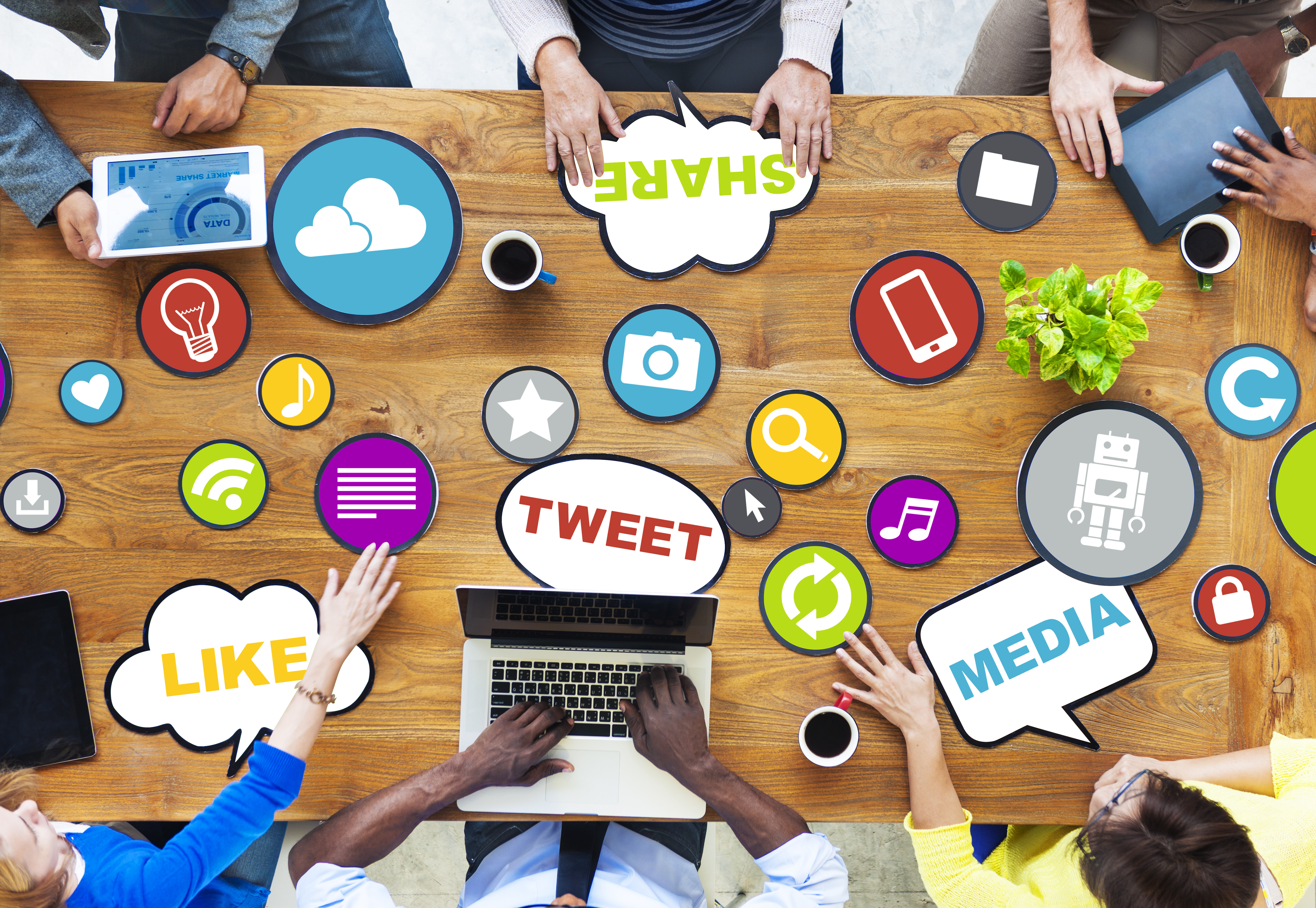 A table covered in symbols of marketing techniques
